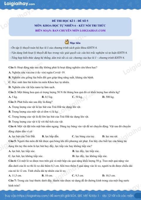 Đề thi học kì 1 KHTN 6 - Kết nối tri thức - Đề số 5